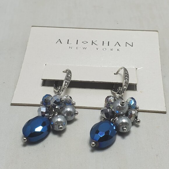 Ali Khan silver tone with deep blue crystal dangle earring - Picture 6 of 6